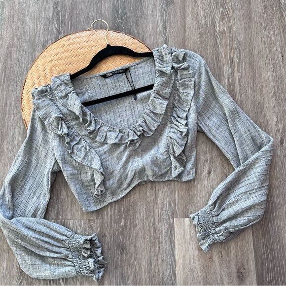 Zara gray‎ ruffled cropped peasant blouse Victorian - Picture 2 of 8